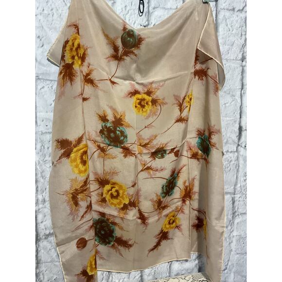 Vintage Polyester Scarf Tan Brown Teal Floral - Picture 7 of 9